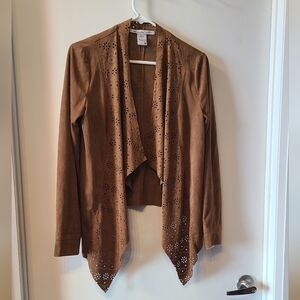 American Rag Camel Brown Laser Cut Faux Suede Open Jacket.